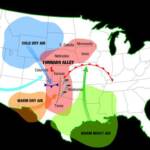 Map of the US showing tornado alley covering parts of Texas, Oklahoma, Kansas, Nebraska, S. Dakota, Iowa, and Minnesota